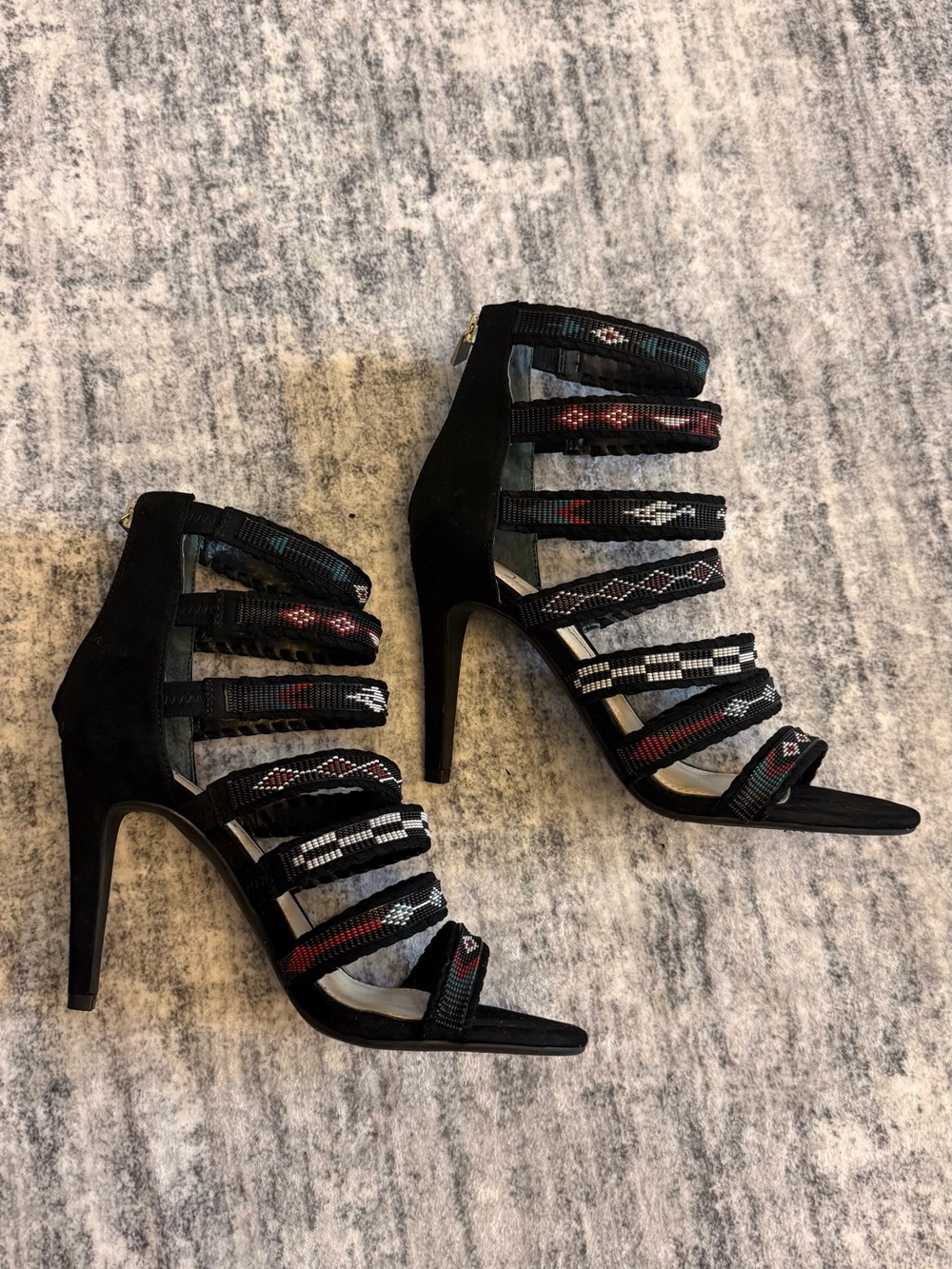 Jessica Simpson Strappy Black Gladiator Heels with Aztec Trim